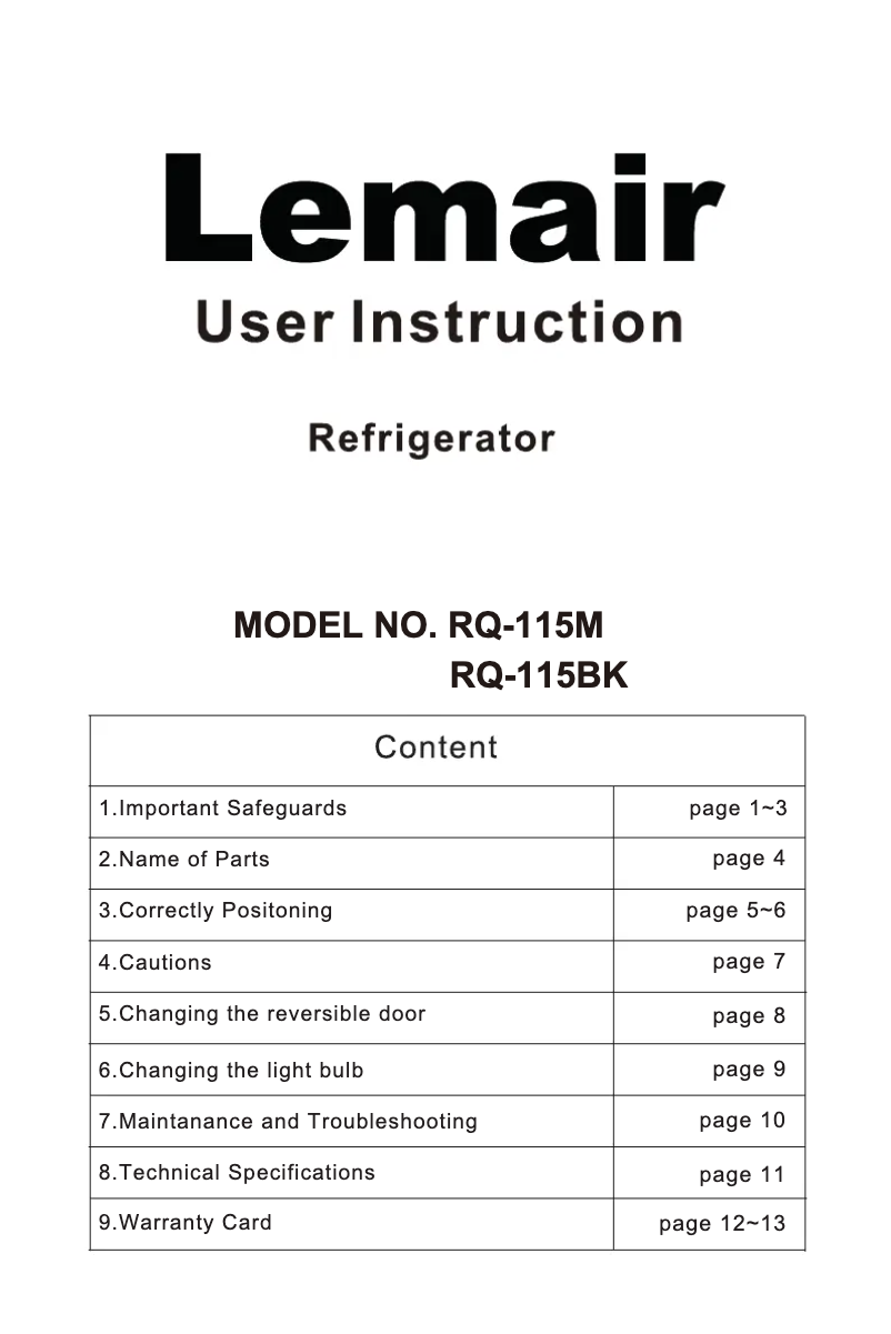 Page 1 de la notice Manuel utilisateur Lemair RQ-115BK