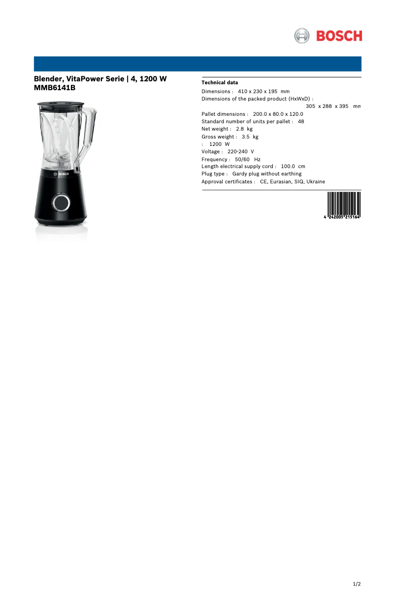 Page n°1 - Fiche technique Bosch MMB6141B