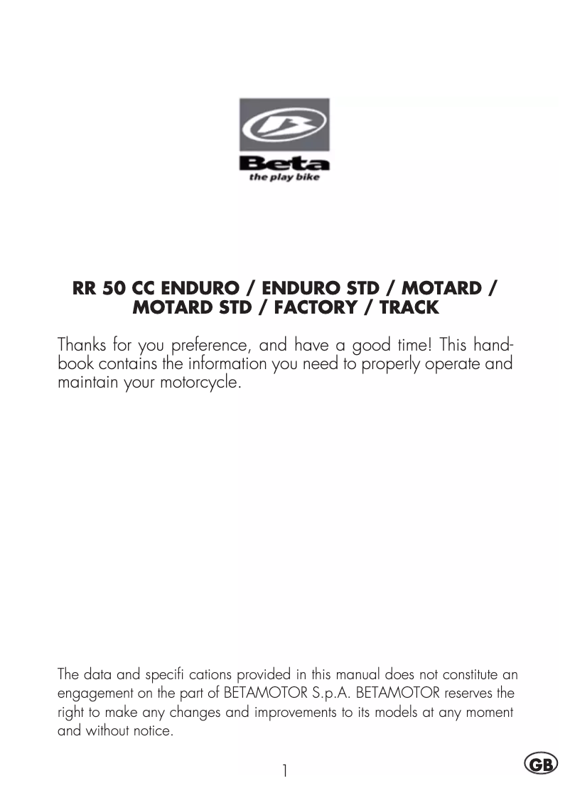 Page 1 of the manual User Manual Beta RR 50 Motard