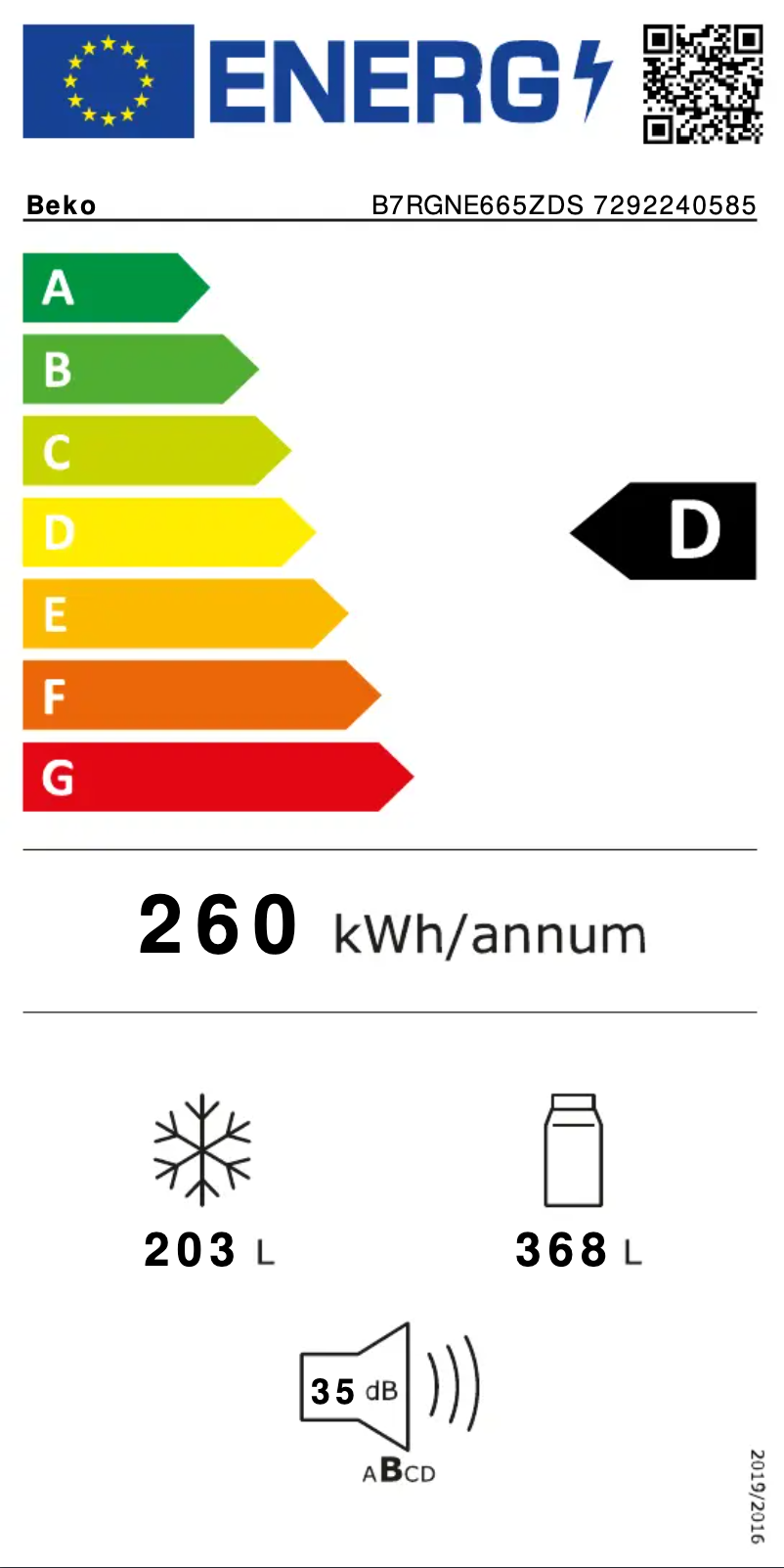 Page 1 de la notice Label énergétique Beko B7RGNE665ZDS