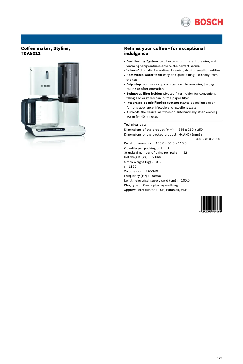 Page 1 de la notice Fiche technique Bosch Styline TKA8011