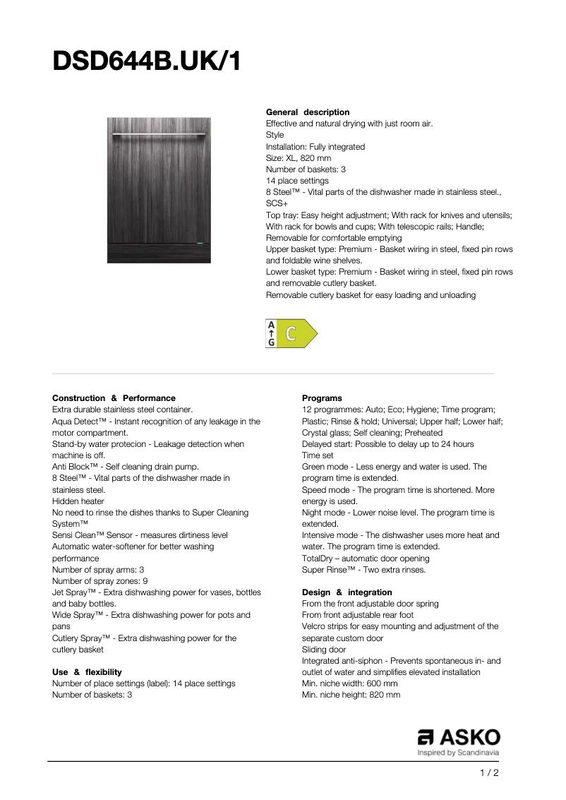 Page 1 de la notice Manuel utilisateur Asko DSD644B