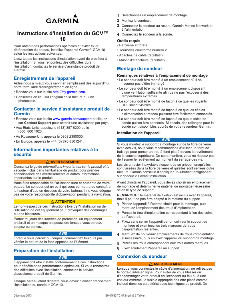 Page 1 de la notice Guide d'installation Garmin GCV 10 Scanning Sonar Module