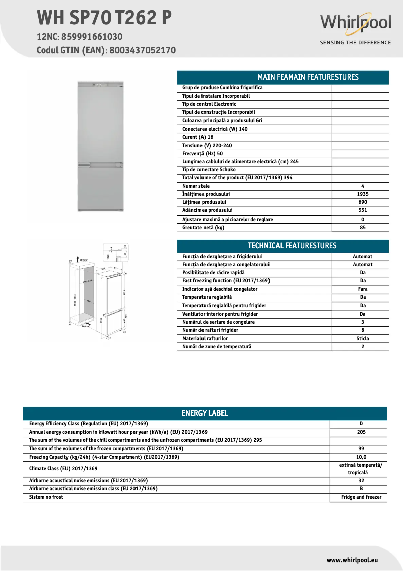 Page 1 de la notice Fiche technique Whirlpool WH SP70 T262 P