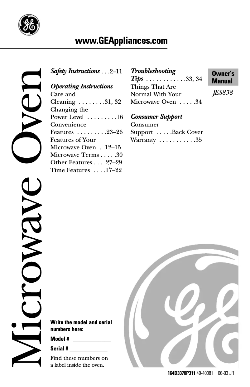 Page n°1 - Manuel utilisateur GE JES838SH