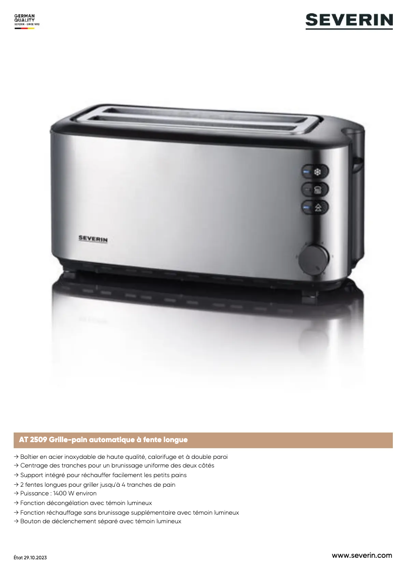Page 1 de la notice Fiche technique Severin AT 2509