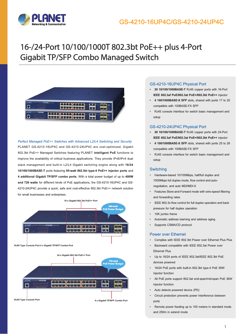 Page 1 de la notice Fiche technique Planet GS-4210-16UP4C