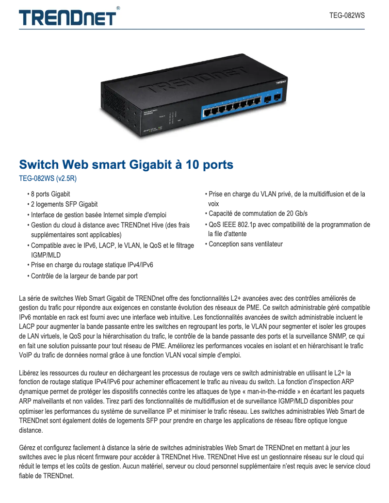Page n°1 - Fiche technique TRENDnet TEG-082WS