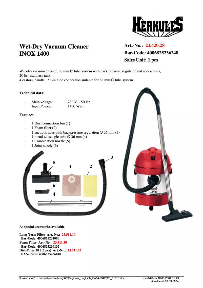 Page 1 de la notice Fiche technique Herkules INOX 1400