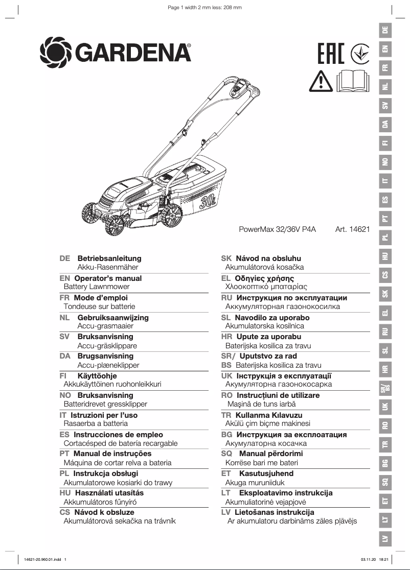Page 1 de la notice Manuel utilisateur Gardena PowerMax 32/36V P4A
