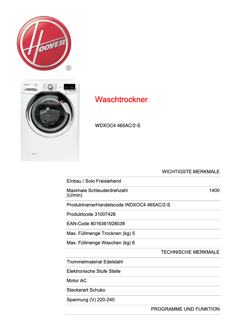 Page 1 de la notice Fiche technique Hoover WDXOC4 465AC/2-S