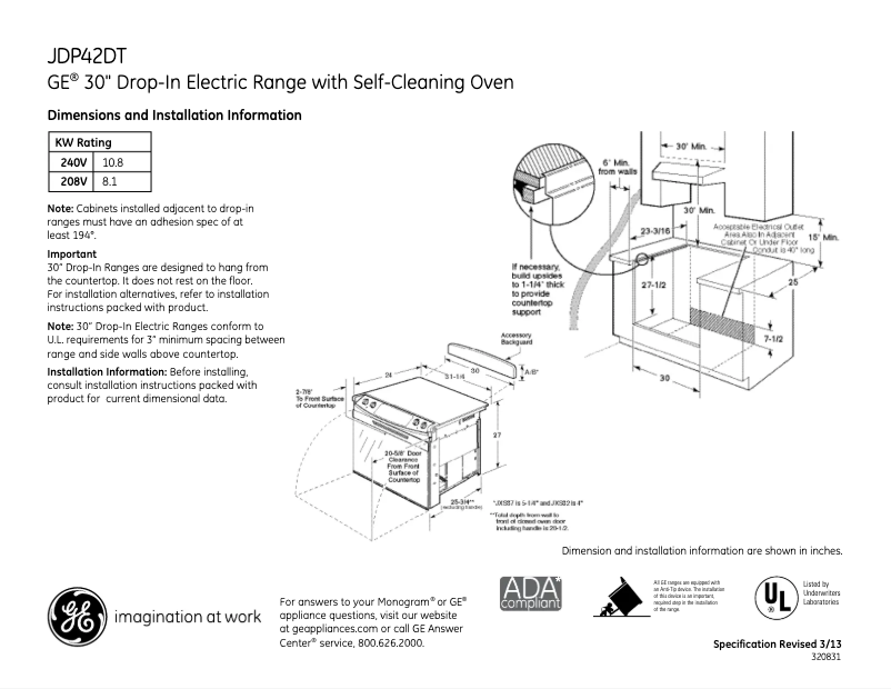 Page 1 de la notice Fiche technique GE JDP42DTWW