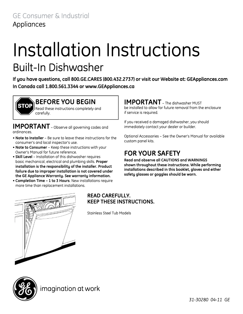 Page n°1 - Guide d'installation GE GDWT308VBB