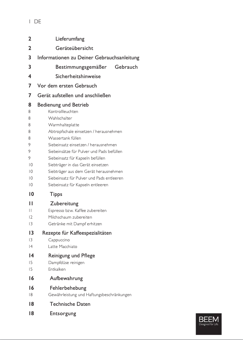 Page n°1 - Manuel utilisateur BEEM Espresso Perfect