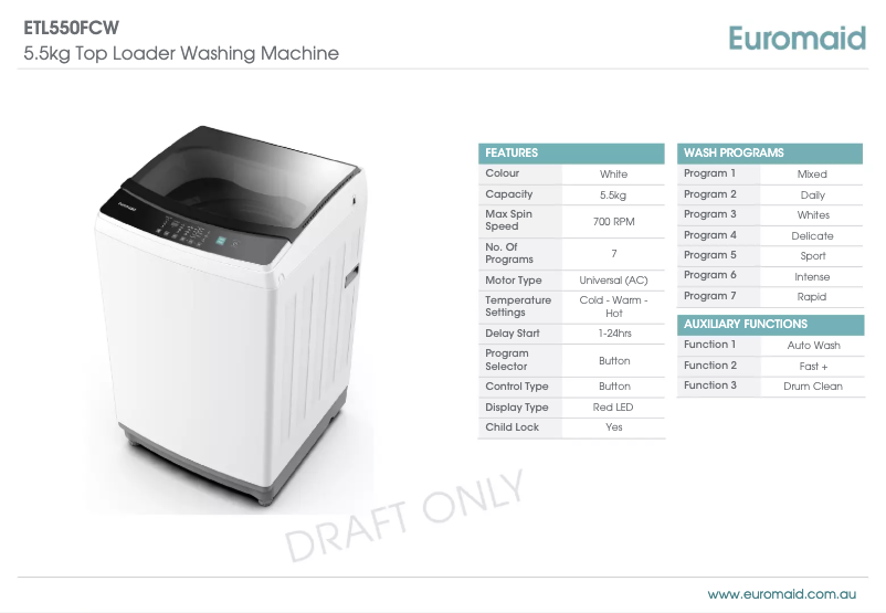 Page n°1 - Fiche technique Euromaid ETL550FCW