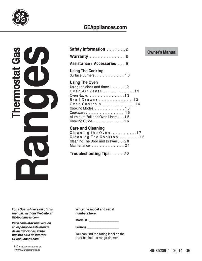 Page n°1 - Manuel d'utilisation et d'entretien GE JGB450REFSS