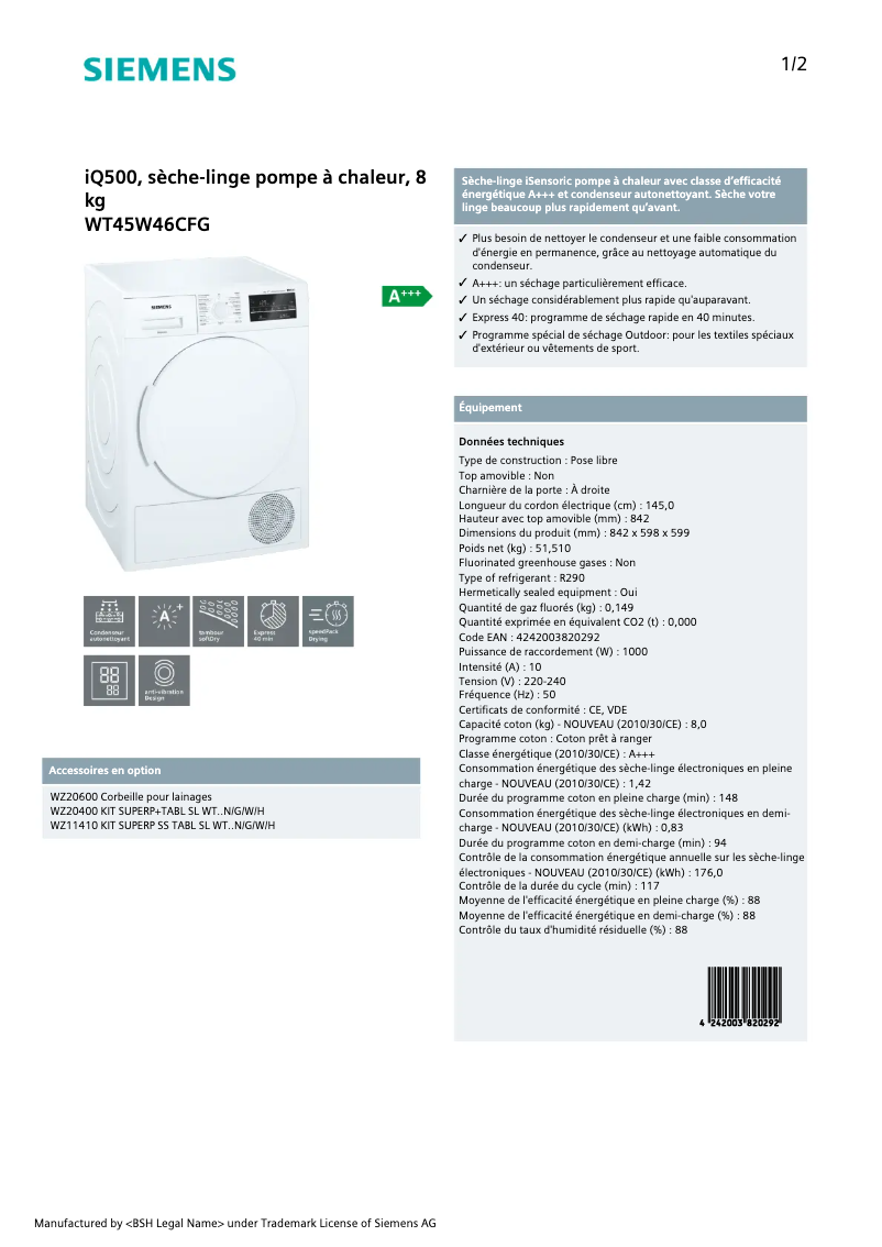 Page n°1 - Fiche technique Siemens iQ500 WT45W46CFG