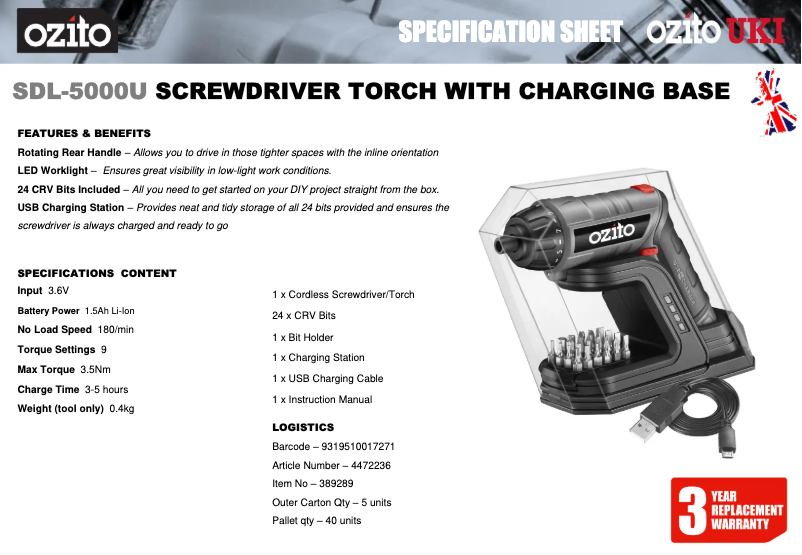 Page 1 de la notice Fiche technique Ozito SDL-5000U