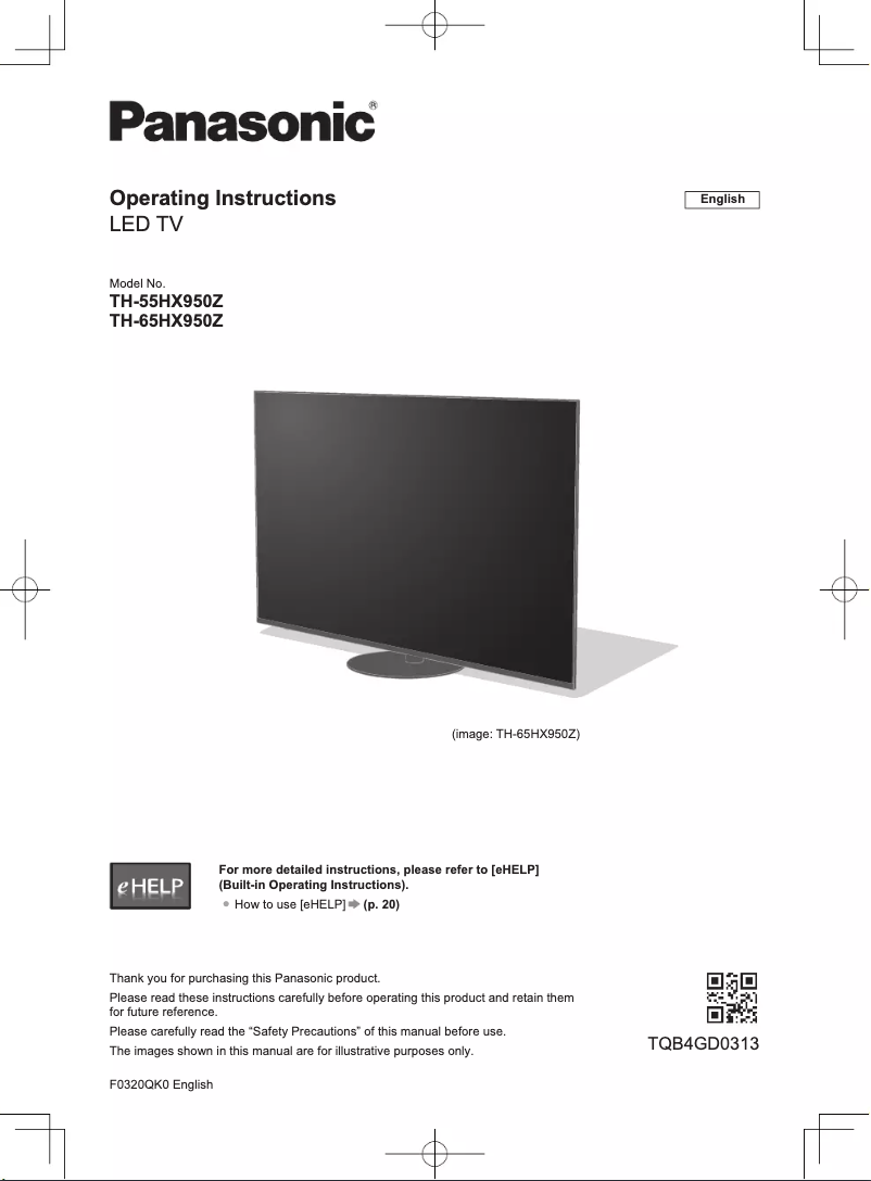 Page 1 de la notice Manuel utilisateur Panasonic TH-65HX950Z