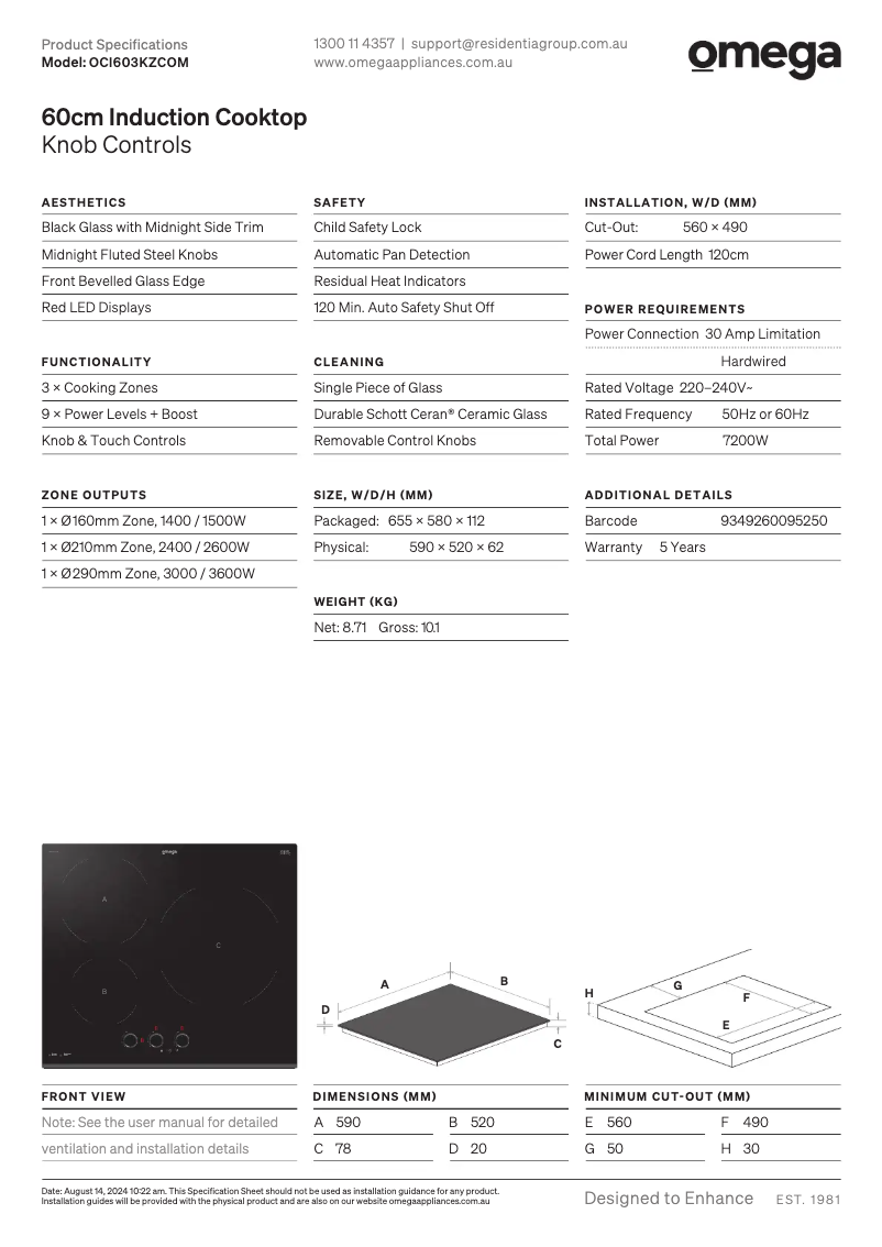 Page 1 de la notice Fiche technique Omega OCI603KZCOM