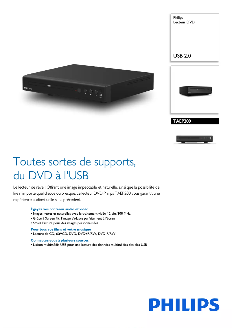 Page 1 de la notice Fiche technique Philips EP200