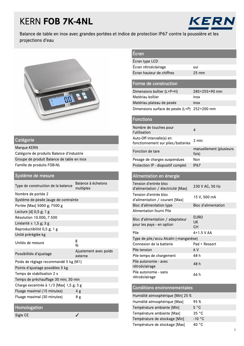 Page 1 de la notice Fiche technique Kern FOB 7K-4NL