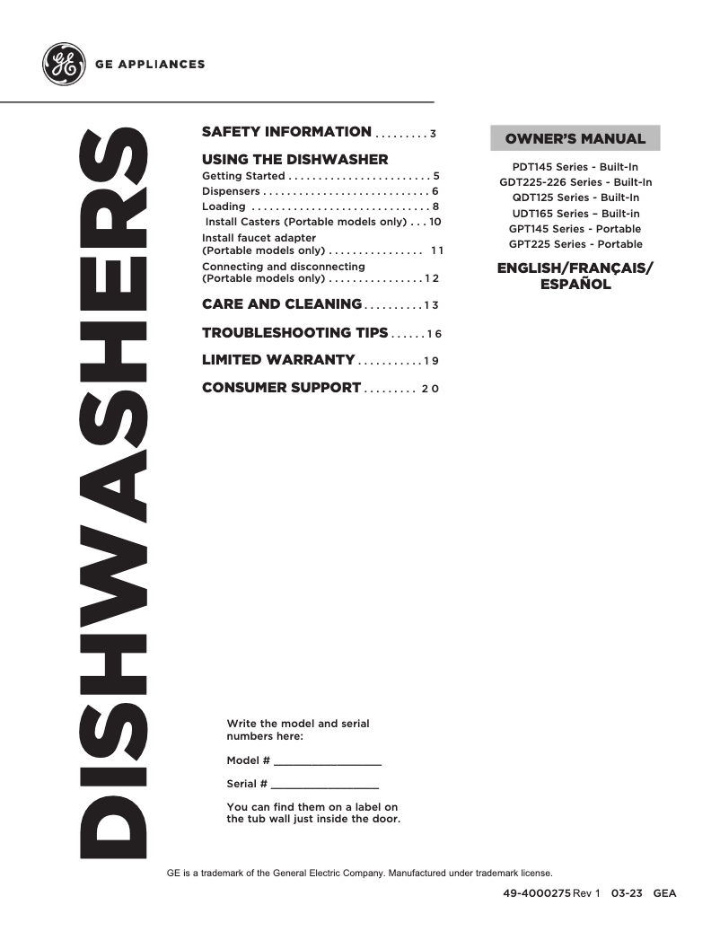 Page 1 de la notice Manuel d'utilisation et d'entretien GE GDT225SSLSS