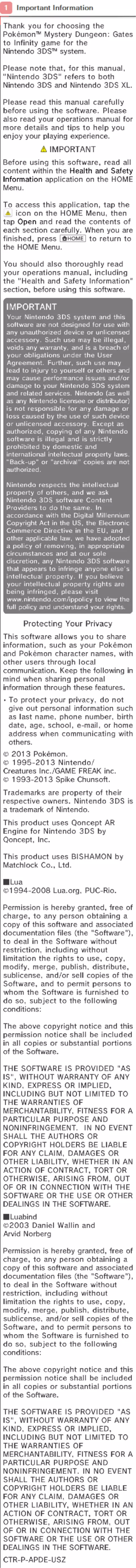 Page 1 de la notice Manuel utilisateur Nintendo Pokemon Mystery Dungeon - Gates to Infinity