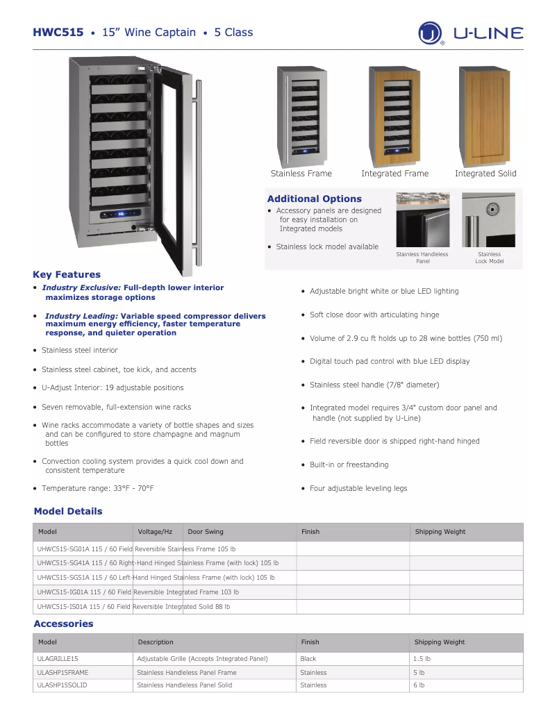 Page 1 de la notice Fiche technique U-Line UHWC515-SG41A