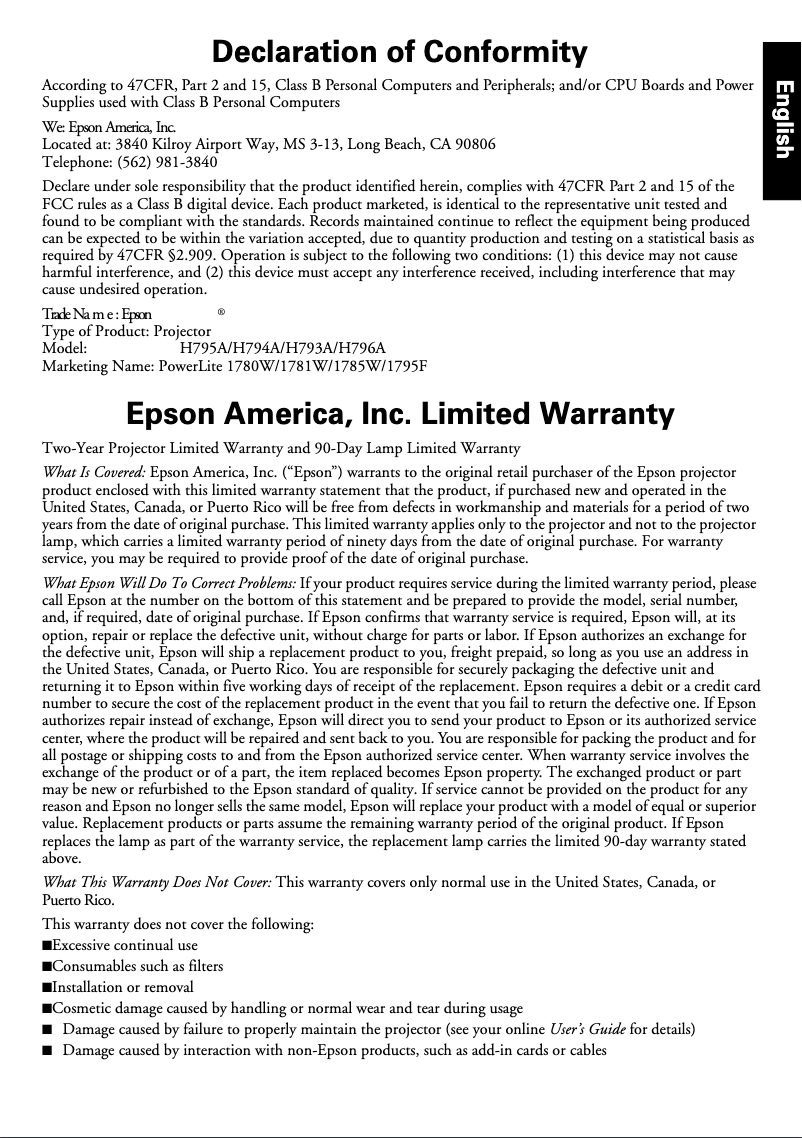 Page 1 de la notice Informations de garantie Epson PowerLite 1785W