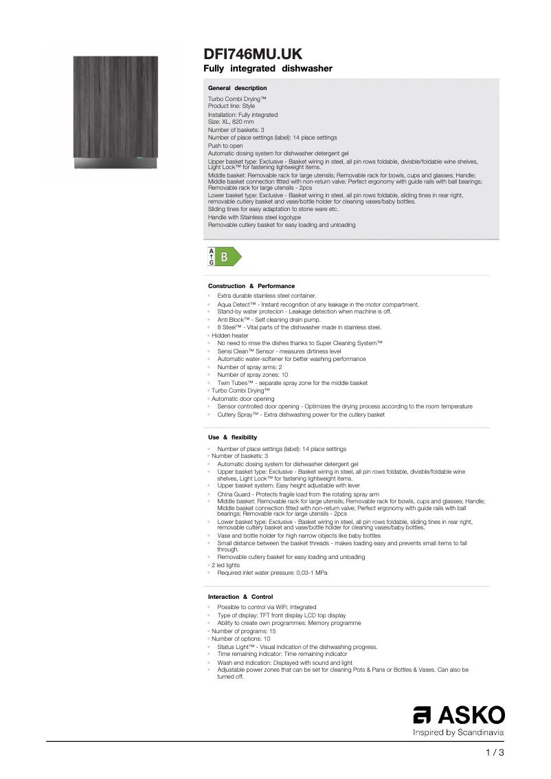 Page n°1 - Fiche technique Asko DFI746MU.UK