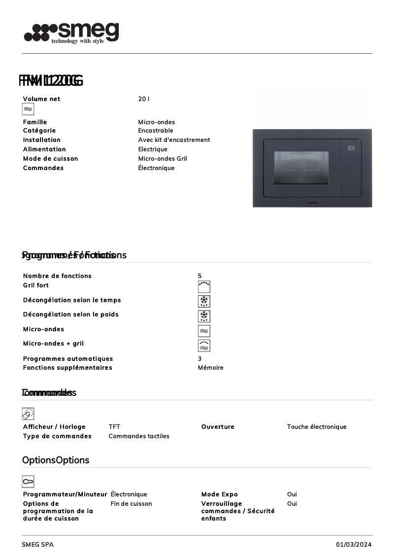 Page n°1 - Fiche technique Smeg FMI120G