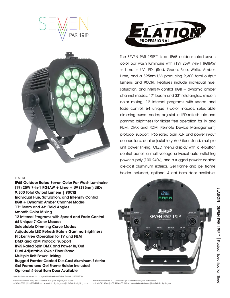 Page 1 de la notice Fiche technique Elation Seven Par 19IP