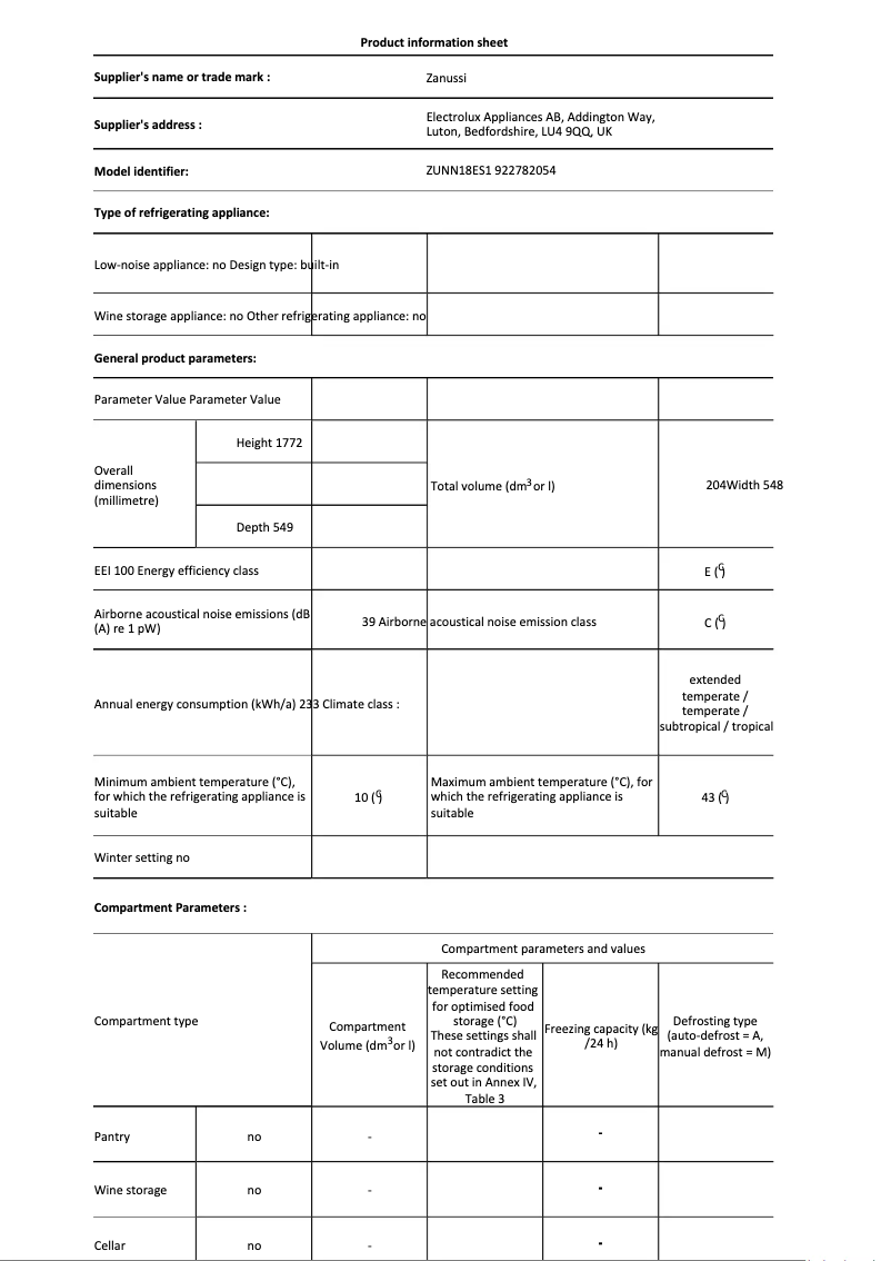 Page 1 de la notice Fiche technique Zanussi ZUNN18ES1