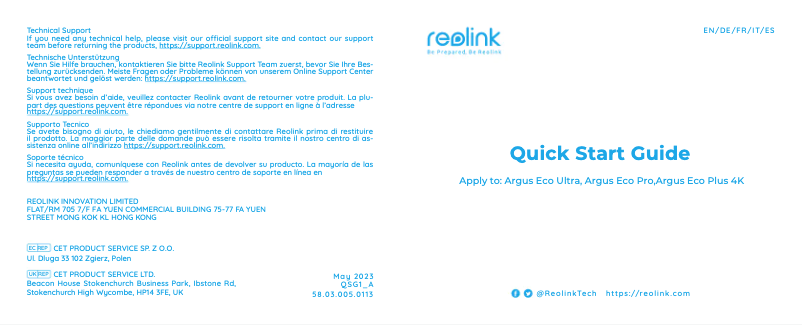 Page 1 de la notice Guide de démarrage rapide Reolink Argus PT Lite