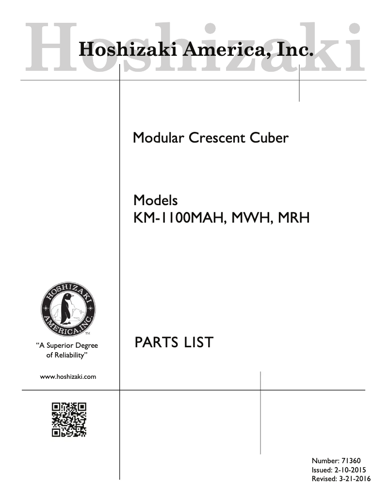 Page 1 de la notice Manuel utilisateur Hoshizaki KM-1100MRH