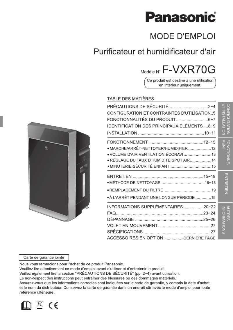 Page 1 de la notice Manuel utilisateur Panasonic F-VXR70G