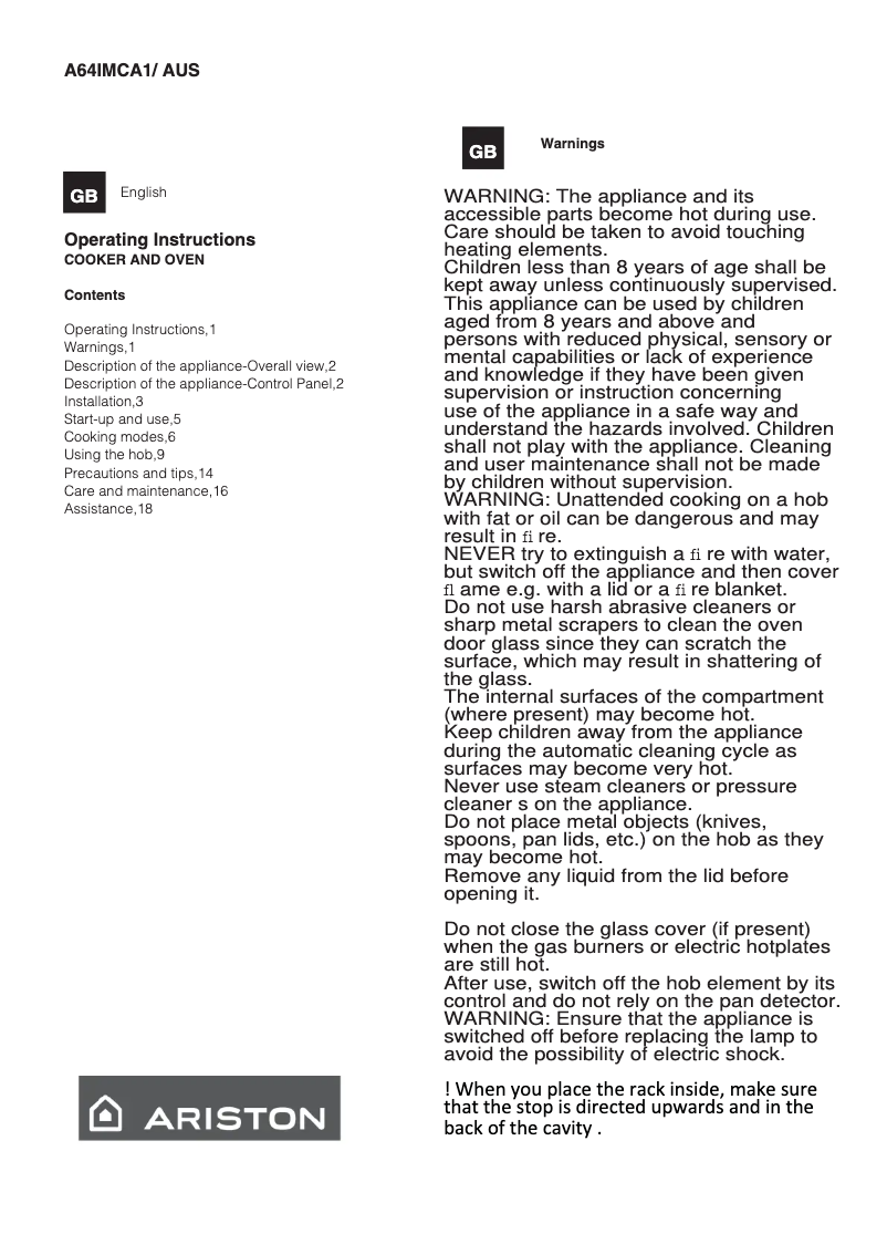 Page 1 de la notice Manuel utilisateur Ariston Thermo A64IMCA 1(X) AUS