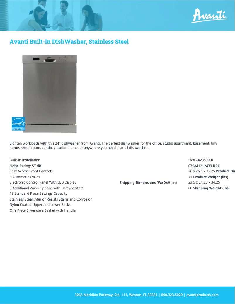 Page 1 de la notice Fiche technique Avanti DWF24V3S