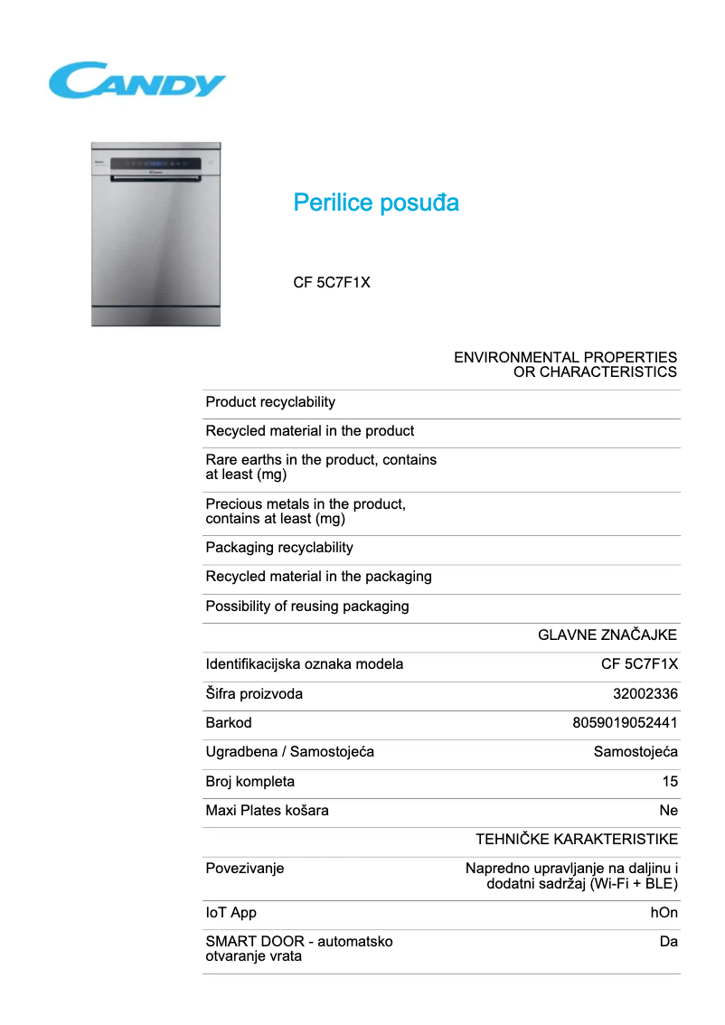 Page 1 de la notice Fiche technique Candy Rapido' CF 5C7F1X