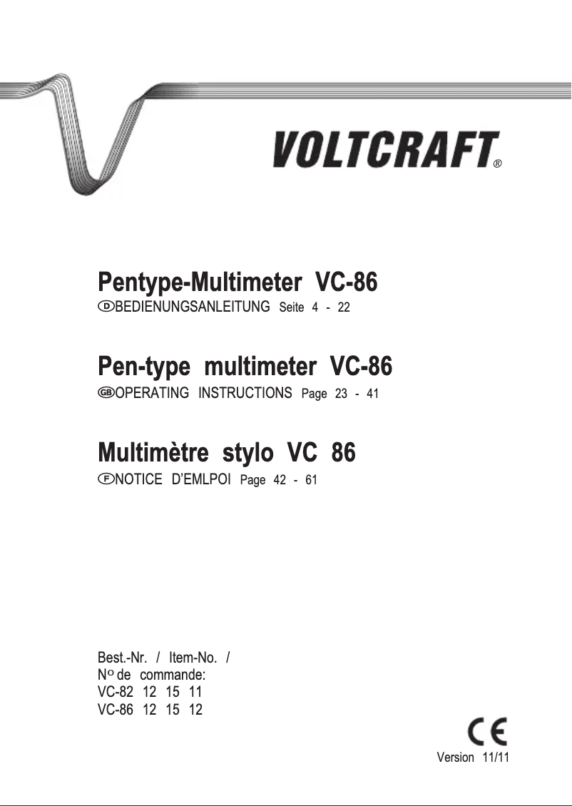Page 1 de la notice Manuel utilisateur Voltcraft VC 86