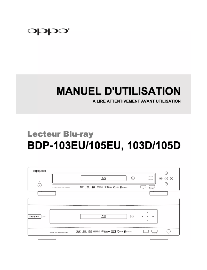 Page 1 de la notice Manuel utilisateur Oppo BDP-105D