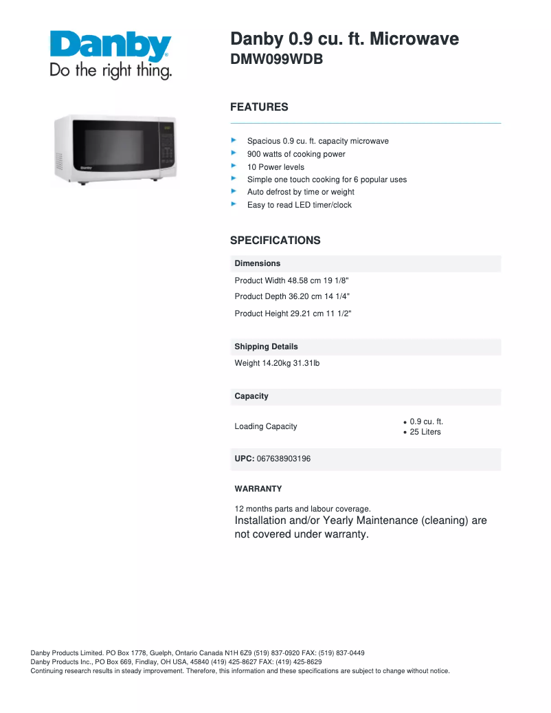Page 1 de la notice Fiche technique Danby DMW099WDB