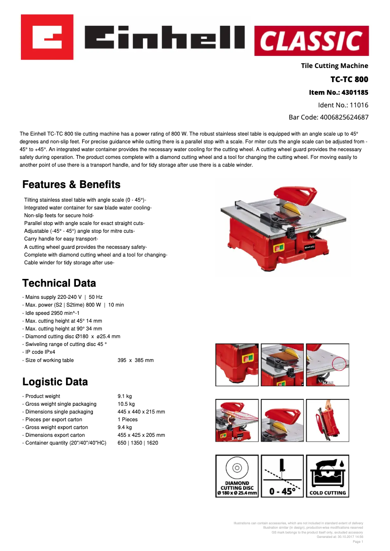 Page 1 de la notice Fiche technique Einhell TC-TC 800