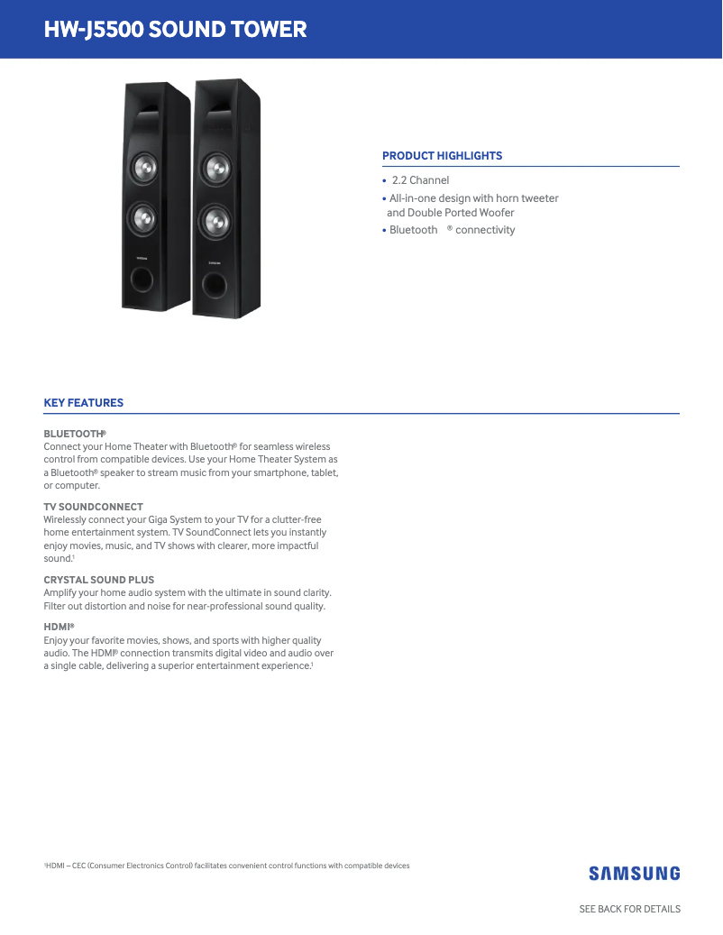 Page 1 de la notice Fiche technique Samsung TW-J5500