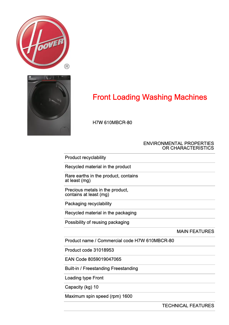 Page n°1 - Fiche technique Hoover H7W 610MBCR-80