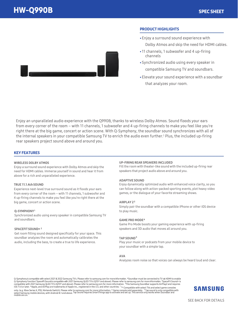 Page 1 de la notice Fiche technique Samsung HW-Q990B