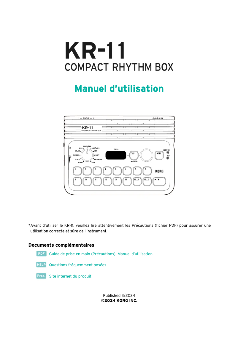 Page n°1 - Manuel utilisateur Korg KR-11