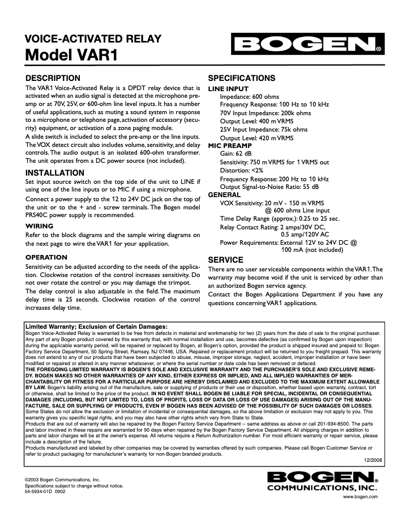 Image de la première page du manuel de l'appareil VAR1