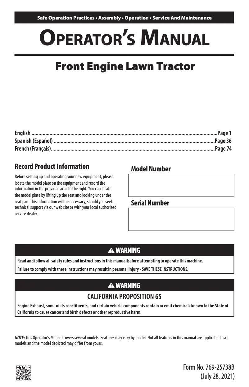 Page 1 de la notice Manuel utilisateur Troy-Bilt Super Bronco 46 XP FAB